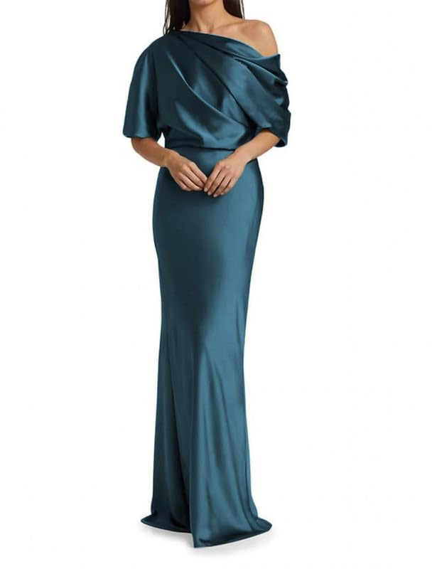 Image of Mermaid Satin Mother of The Bride Dresses for Women Ruched One Shoulder Formal Evening Gowns