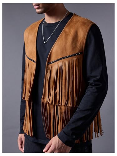 OYOANGLE Men's Casual Suede Top Shirt Boho Fringe Trim Open Front Sleeveless Vest Jacket Waistcoat3