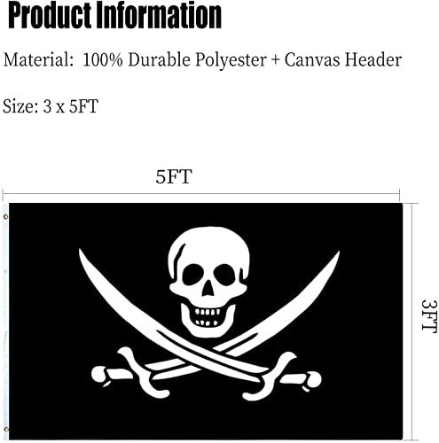 Pirate Flag Double Sided Jolly Roger Flags for Outside 3x5 Heavy Duty Jack Rackham Skull Bones Flags Cross Knife with 2 Brass Grommets for boa by ARSOF - Image 6