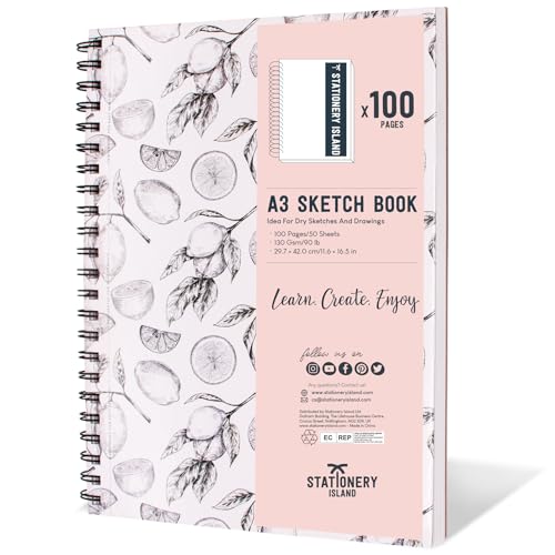 STATIONERY ISLAND A3 Sketchbook, 130gsm Cartridge Paper Sketch Book A3, Spiral Bound Sketch Pad A3, Art Drawing Book for Sketching, Illustration, Portrait Drawing, 50 Sheets / 100 Pages