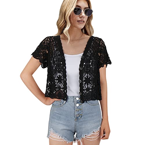 Women's Short Sleeve Bolero Shrugs Crochet Lace Open Cardigan Black