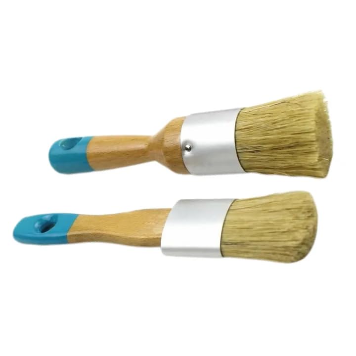 SiumPklay 2-Piece Frenchic Browning Wax & Chalk Paint Brush Set for Furniture, Natural Bristle Round and Flat Paint Brushes with Wood Handle for Painting, Waxing & DIY Projects