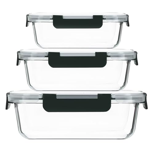 Glass Meal Prep Containers 3 Packs Food Storage Containers Airtight lunch Containers with Lids Grey for Microwave Oven Freezer and Dishwasher