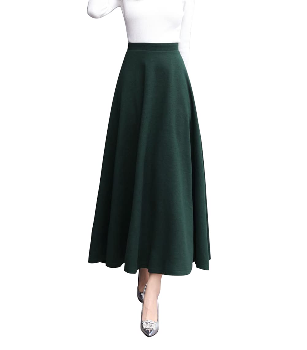 LWZDREAM Women’s Fall Winter Plaid Maxi Skirt Elegant Wool High Waist A-line Pleated Swing Long Skirts(M,Green)