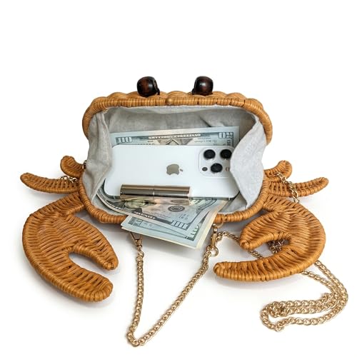 QUZHQZHQS Crab handmade rattan woven Beach Bag Crossbody Purse Rattan Handbag Boho Vacation Clutch with Strap (Brown Crab-shaped)