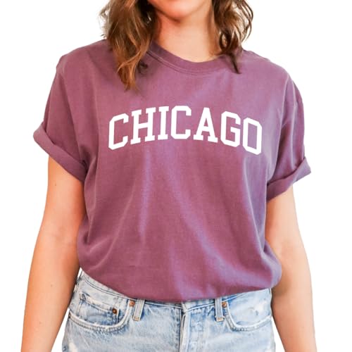 Chicago Text Graphic T Shirt Unisex Casual City Typography Tee Street Style - Berry - Small