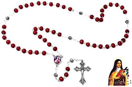 Ave Maria St Theresa Rosary Beads with Red Wooden Beads, Crucifix and a St Theresa Junction Medal Rosary Box & Lourdes Prayer Card