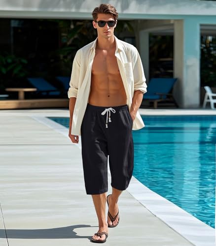 MAGNIVIT Men's Linen Cotton Capri Pants Loose Fit Elastic Waist Wide Leg Baggy Harem Pants2