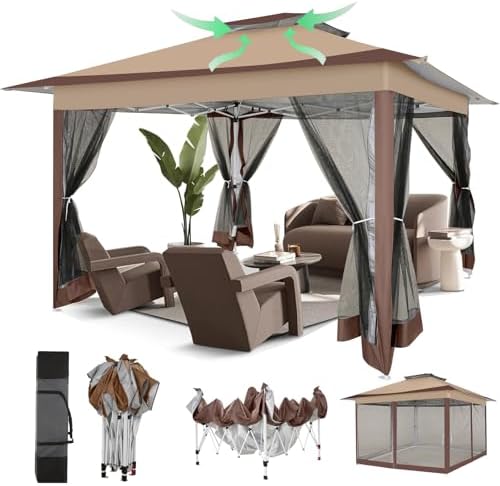 COBIZI 12x12 Pop Up Gazebo On Clearance Canopy Tent- Upgrade Metal Outdoor Canopy Waterproof - Portable Gazebo with Mosquito Nettings, 4 Ropes 8 Stakes and Carry Bag for Patio Garden(Coffee)