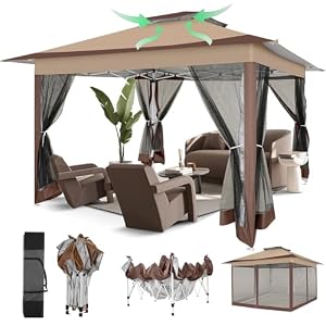 COBIZI 12×12 Pop Up Gazebos On Clearance – Upgrade Easy Up Metal Outdoor Gazebo Waterproof – Portable Gazebo with Mosquito Nettings, 4 Ropes 8 Stakes and Carry Bag for Patio Garden(Coffee)