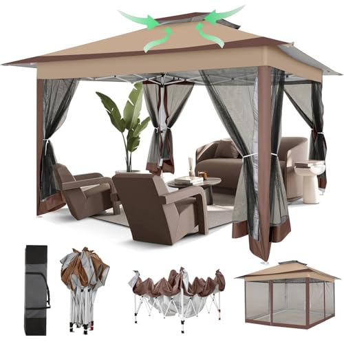 COBIZI 12x12 Pop Up Gazebo On Clearance Canopy Tent- Upgrade Metal Outdoor Canopy Waterproof - Portable Gazebo with Mosquito Nettings, 4 Ropes 8 Stakes and Carry Bag for Patio Garden(Coffee)