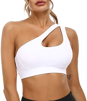 Sykooria Womens One Shoulder Sports Bras Workout Yoga Bra Sexy Cute Medium Support White