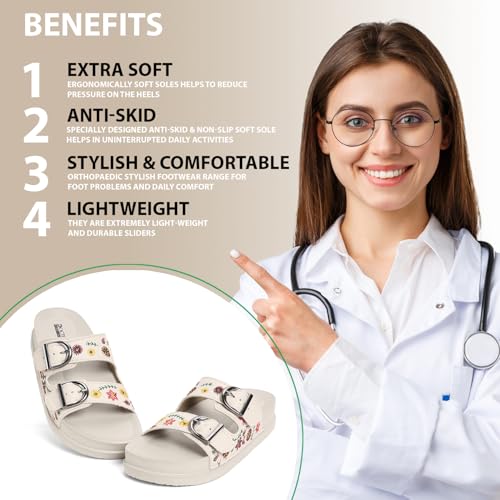 Image of Women Floral Double Strap Buckle Slides | Embroidered Casual Slip-On Sandals for Girls | Lightweight Anti-Slip Comfortable Everyday Wear Flats