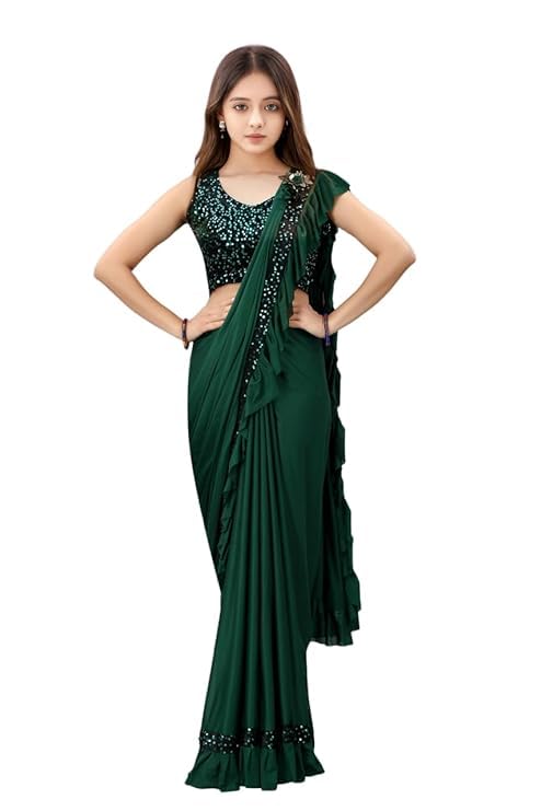 NILKANTHVARNI CREATION Kids Girls Lycra Blend Ready To Wear Saree With Sequence Blouse Piece (3-4 yrs to 12-13 yrs) (Green, 3-4 Years - S)-image-47
