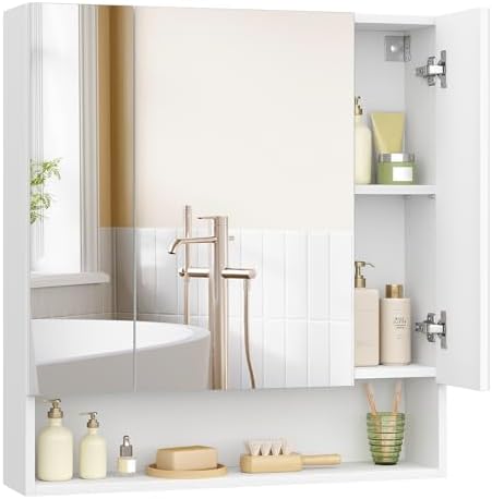VASAGLE Badezimmerschrank mit 3 Türen, Spiegelschrank, 16,5 x 70 x 75 cm | Badschrank, offenes Fach, verstellbare Ablagen, wolkenweiß, KAILYN Kollektion BBK129W01