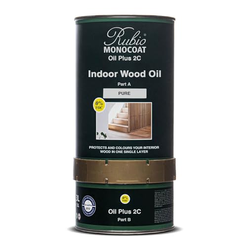 Rubio Monocoat Wood Oil 52 m² - Pure & Plus 2C | Quick-Dry, Eco-Friendly Linseed Oil for Indoor Wood | Includes Accelerator (Part B) & Preserver | 1.3 L