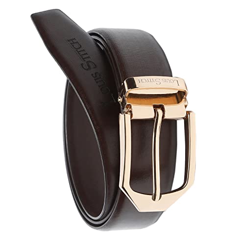Image of LOUIS STITCH Men's Brown Italian Leather Belt 1.25 inch (35mm) Handmade Formal Stylie Waist Strap with Golden Buckle Belt for Men Gents Boys (RP-BR-TG-GD)