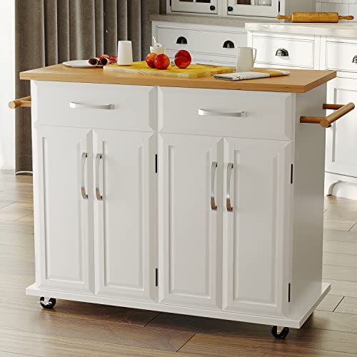 Kitchen Island with Storage on Wheels, Rolling Kitchen Island with Storage Drawers and Cabinets, White Kitchen Island with Wooden Countertop Adjustable Shelves, 48.2 L x 18.5 W x 35.4 H