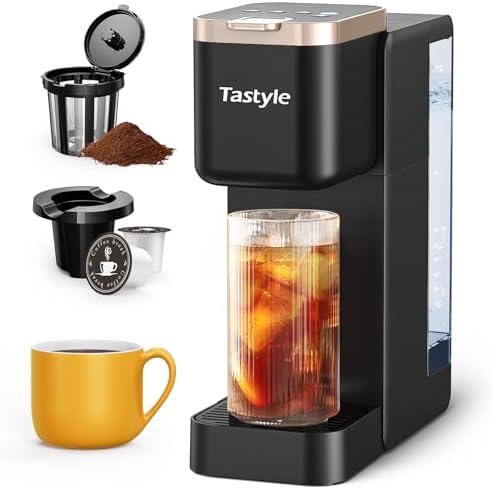 Tastyle Single Serve Hot & Iced Coffee Maker with Strong Brew, 40oz Removable Reservoir, 6 Brew Sizes, Compatible with K Cup and Grounds, Compact for Home, Office, RV, Black & Gold (2.0 Version)