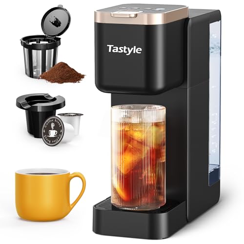 Single Serve Hot & Iced Coffee Maker with Strong Brew, 40oz Removable Reservoir, 6 Brew Sizes, Compatible with K Cup and Grounds, Compact for Home, Office, RV, Black & Gold (2.0 Version)