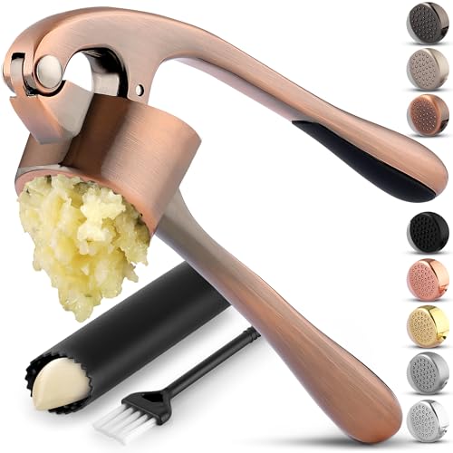 Image of Zulay Kitchen Large Premium Garlic Press Set - Bigger Bowl for Bigger Garlic - Rust Proof Garlic Mincer Tool - Easy-Squeeze, Easy-Clean Silicone Garlic Peeler & Brush (Copper)