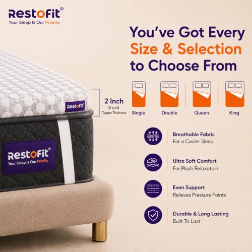 Image of Restofit 2 Inch Gel Infused Memory Foam Mattress Topper | 78x48x2 Inches, Double Size Topper | Cooling Pad for Back Pain, Bed Topper with Viscose Cotton Fabric, Soft & Breathable