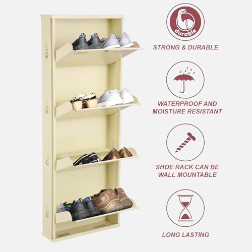 Image of Metal Shoe Rack Wall Mounted for Home with Central Locking | 4 Door 20 inch Wall Mounted Metal 8 Pair Shoe Rack Cabinet | Pre-Assembled Rack Shelves |3 Year Warranty (Ivory)