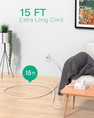 15FT Power Strip Surge Protector - 8 Outlets and 4 USB Ports, Heavy-Duty Braided Extension Cord, Flat Plug, 15A Circuit Breaker, Charging Station Overload Protection