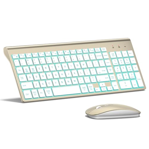 Image of Wireless Backlit Keyboard and Mouse Ultra Slim Combo, TopMate 2.4G Silent Compact 2400DPI Mouse and Scissor Switch Keyboard Set, Batteries Included, for PC /Laptop /Windows /Mac /Gaming - BL Gold White