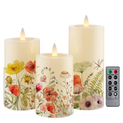 Image of Wild Flower Flameless Pillar Candles, Set of 3 Real Wax LED Candles with Remote Timer, 3D Moving Flame, Battery Operated (2AA) Up to 400 Hours, Spring Decor