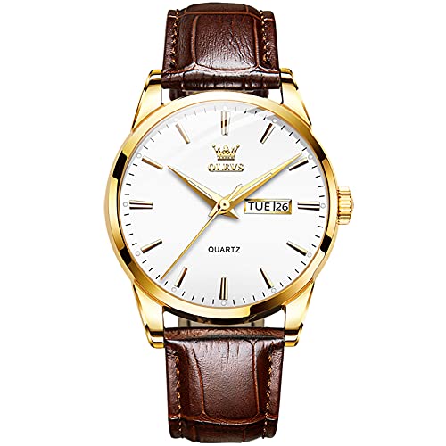 Montre en cuir marron OLEVS pour homme élégant avec dateur et cadran blanc