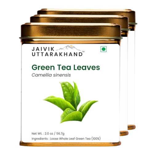 Image of Jaivik Uttarakhand - Dry Green Tea (170.1 g), Loose Leaf for Healthy Lifestyle, Sweet, Floral Taste, Long Leaf, Pack of 3 Tin Box