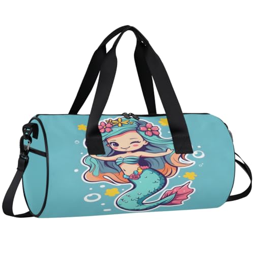 Cute Mermaid Round Barrel Sports Fitness Bag, Blue Travel Luggage Bag, Reusable Handbag, Suitable For Men and Women