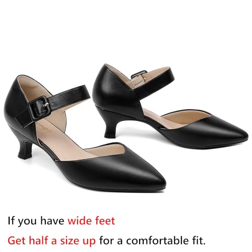 Image of RIBONGZ Comfortable Kitten Heels for Women Pointed Closed Toe Ankle Strap Buckle Heels Slip on Low Heel Church Pumps Wedding Bridal Party Dressy Shoes