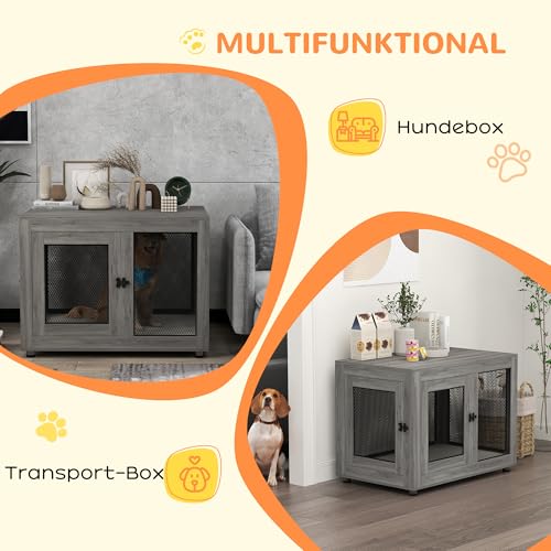 PawHut Hundekäfig Möbel mit 2 Türen waschbaren Kissen Moderne Stahl Hundebox für Zuhause Indoor Hundehütte für große Hunde bis zu 30 kg Hundehaus 94x60x71,5 cm Grau