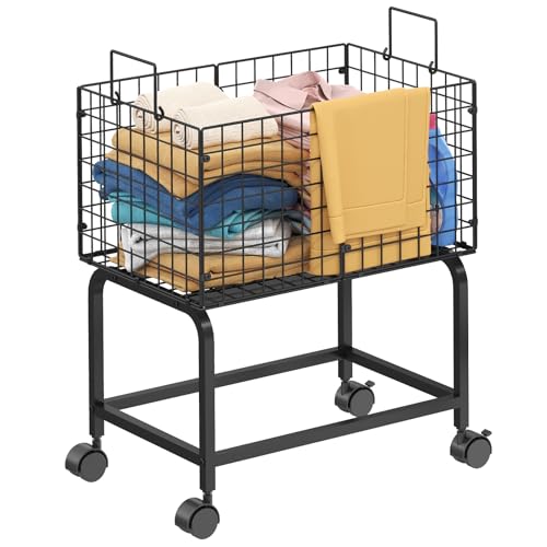 Wire Laundry Hamper Cart,Rolling Laundry Cart with Pull Handle,Black Tall Laundry Basket Cart,Commercial Wire Laundry Hamper Cart-23.6 * 15.75 * 28 inches