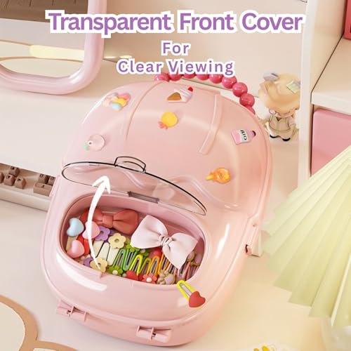 Image of KiZY Girl Kid Hair Accessories Storage Box | Hair Ties-Clips, Bow-Ribbon-Headband, Jewelry Organizer | Portable Case | Available in Multiple Design-Color. (Pink+Purple)