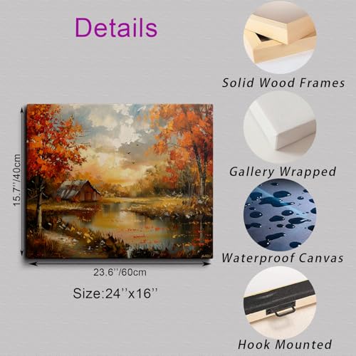 Canvas Wall Art Framed Vintage Autumn Countryside Pond Barn Orange Trees Wall Decor Cozy Rustic Country Landscape Prints Posters Painting Artwork for Bedroom Entryway Office Hallway Home 16x24 Inches