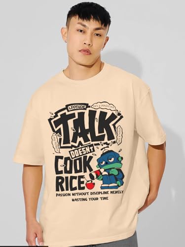 Image of LEOTUDE Half Sleeve Oversized Cottonblend Round Neck Drop Shoulder Printed Men's T-Shirt (Color Beige)
