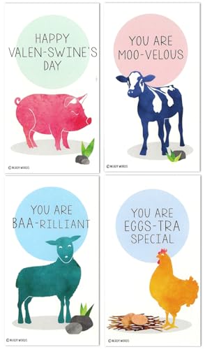 Cartes de Saint-Valentin pour école et classe avec mini vaches et moutons de la ferme x32