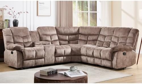 EBELLO Manual Reclining Sectional Sofa Set for Living Room, Soft Fabric Recliner Corner Sectional Couch with Center Console, Cup Holder and Storage, Brown EBELLO Manual Reclining Sectional Sofa Set for Living Room, Soft Fabric Recliner Corner Sectional Couch with Center Console, Cup Holder and Storage, Brown
