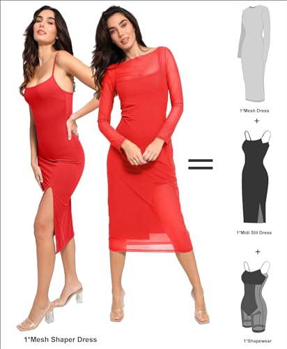 Image of Popilush Mesh Shapewear Dress Corset Date Night Dresses for Women Two Piece Club Outfits with Slit