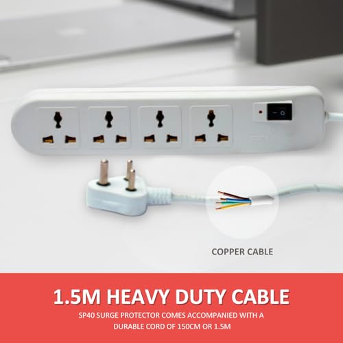 Image of SP40 - 4-Socket Power Strip | Surge Protection, Copper Cable & Reset Switch | 1.5m ABS Body, 1-Year Warranty