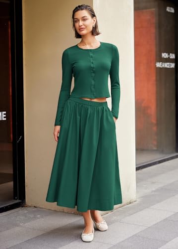 Image of Panadila Womens 2 Piece Lounge Sets Matching Vacation Outfits Ribbed Button Down Cardigan and Elastic Waist Skirt Sets