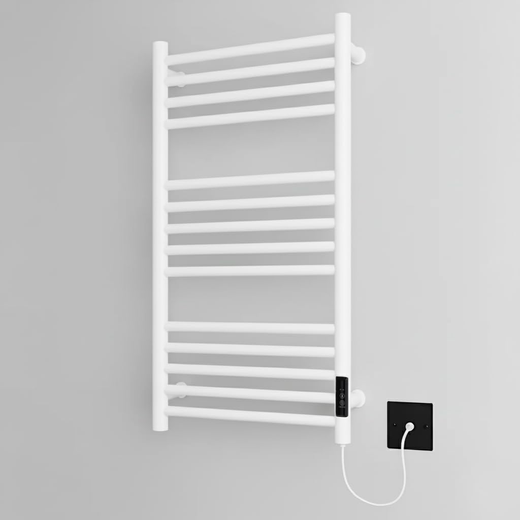 Manissa White Dry Electric Towel Rail 400 X 720Mm Stainless Steel Energy Efficient Heated Towel Warmer Wall Mounted Built In Timer