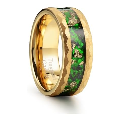 Zillaly 8mm Men's Tungsten Carbide Ring Gold/Black Hammered Meteorite Shavings Gold Foil Inlay Galaxy Nebula Green Opal Engagement Wedding Ring Matte Finish Comfortable Fit Cover