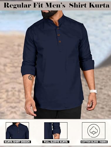 Image of ROYALSCOUT Men Cotton Blend Short Kurta with Mandarin Collar and Button Placket | Full Sleeve Regular Fit Ethnic Wear for Casual and Festive Use