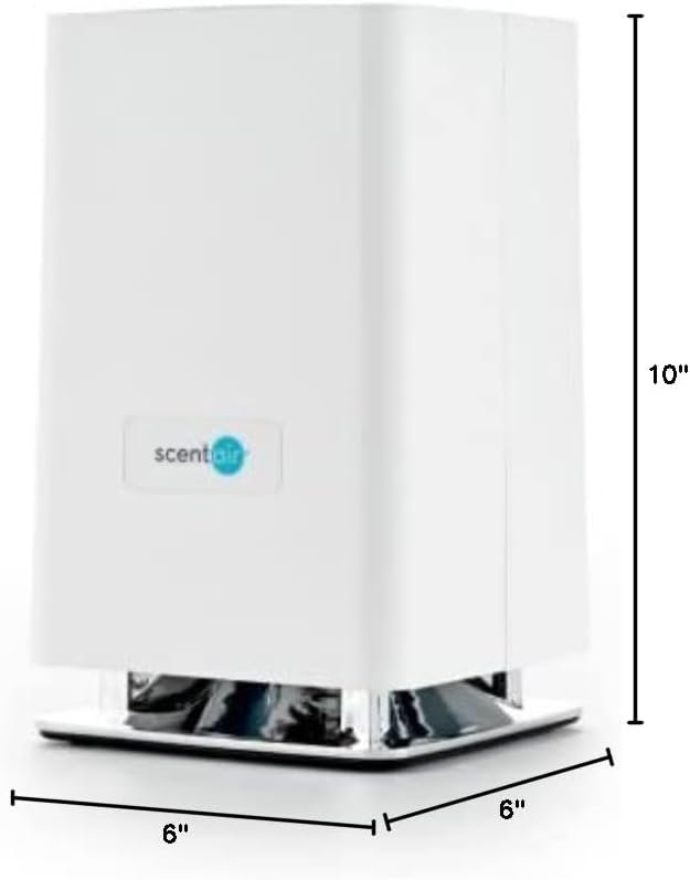 Diagram showing the dimensions of the ScentAir Whisper Home Diffuser: 6 inches long, 6 inches wide, and 10 inches high.