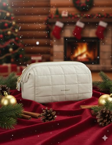 Image of BAGSMART Makeup Bag Cosmetic Bag Wide Open, Beige, M, Wide-open Travel Makeup Bag With Puffy Padded and Rectangular Quilted