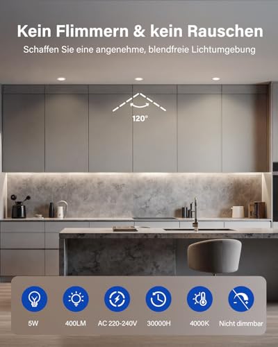 Leselux LED Einbaustrahler 230V IP65, 10 x LED Spots Flach 5W 4000K Neutralweiß 400LM, Einbauspots 68mm, Deckenspots Weiß Ultra dünn 35mm, Spots Deckenleuchte für Badezimmer Schlafzimmer Küche